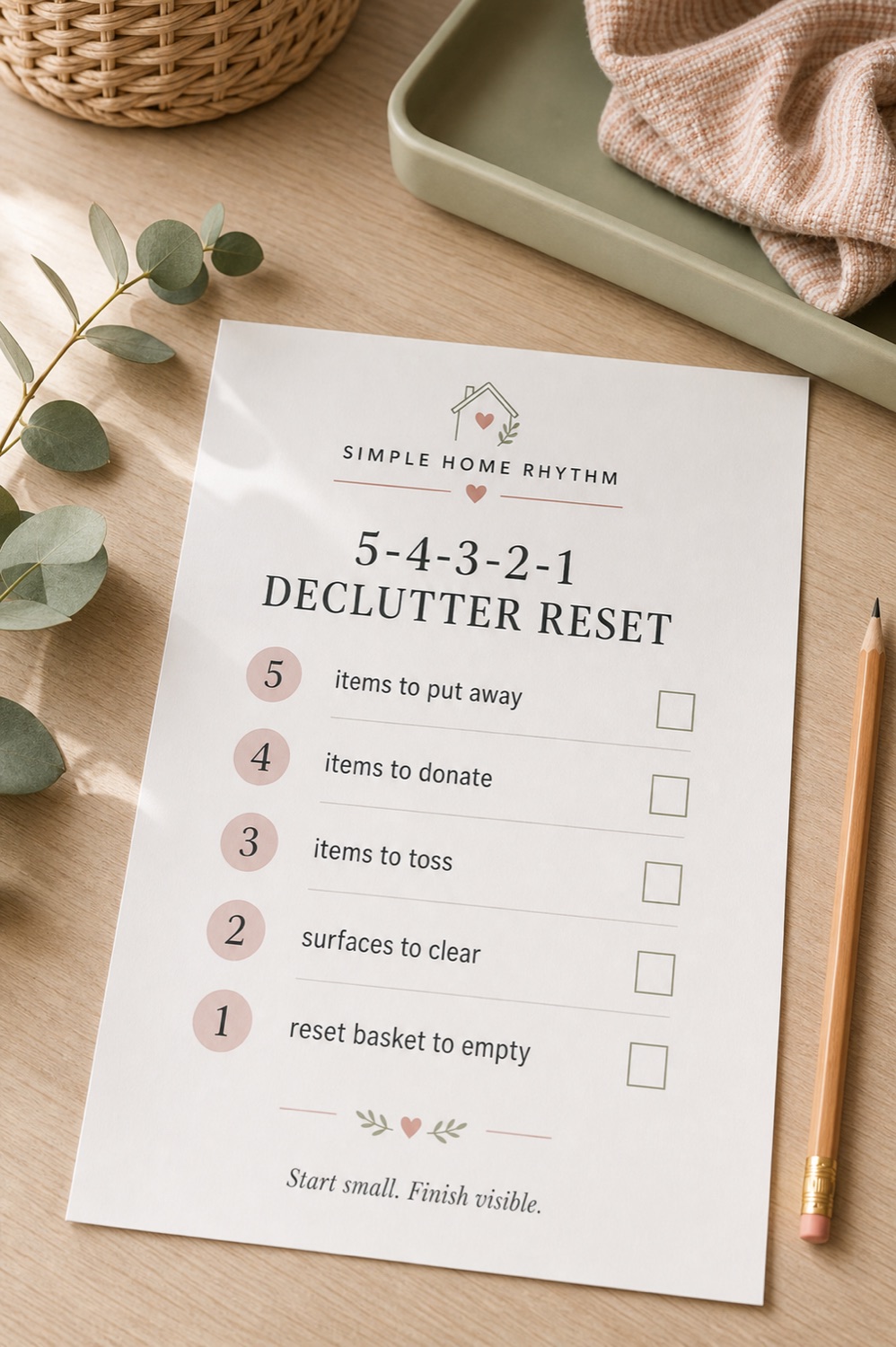 Simple Home Rhythm 5-4-3-2-1 declutter reset printable with practical decisions