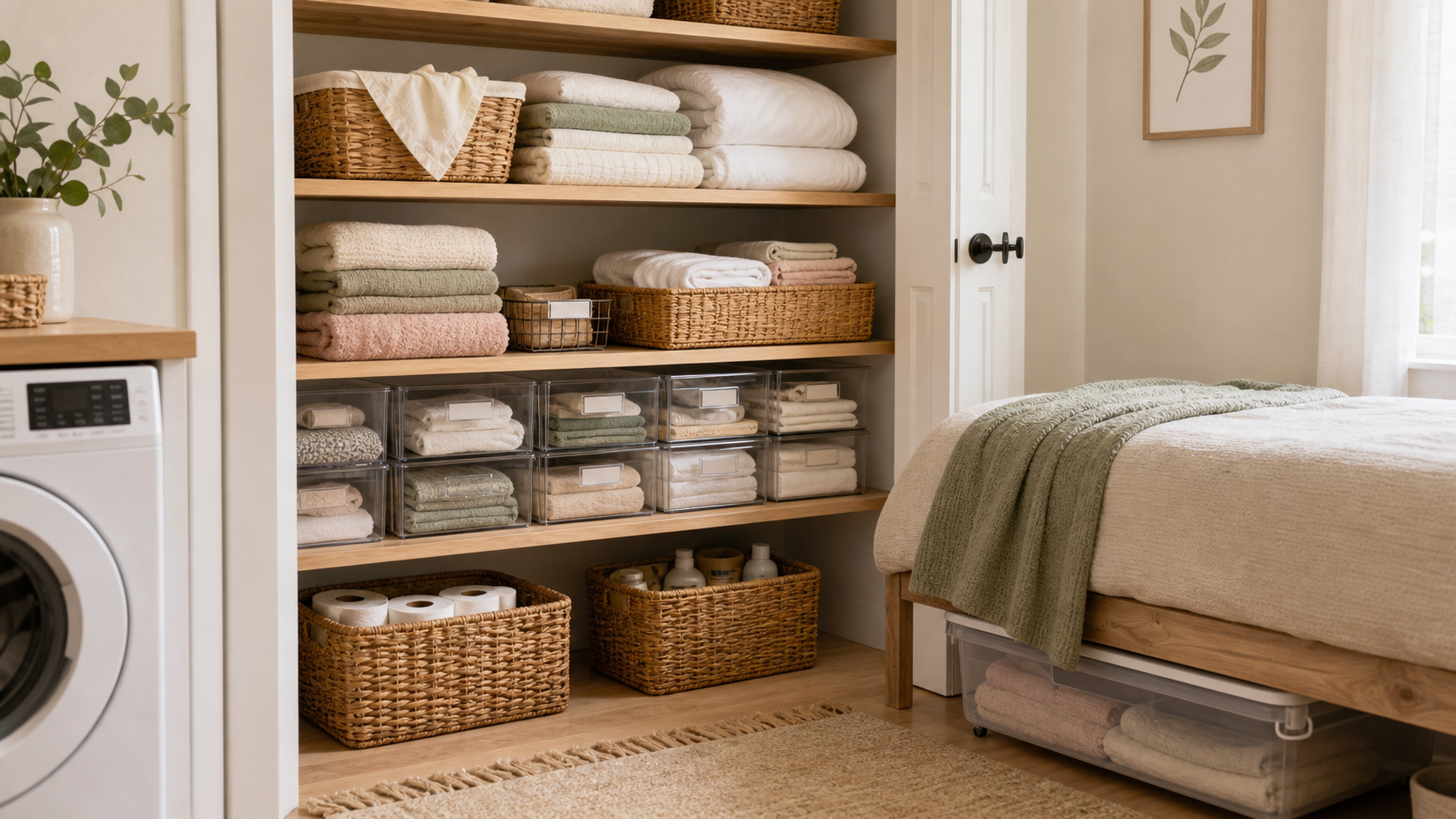 Closet and linen storage edited into clear categories for current family life