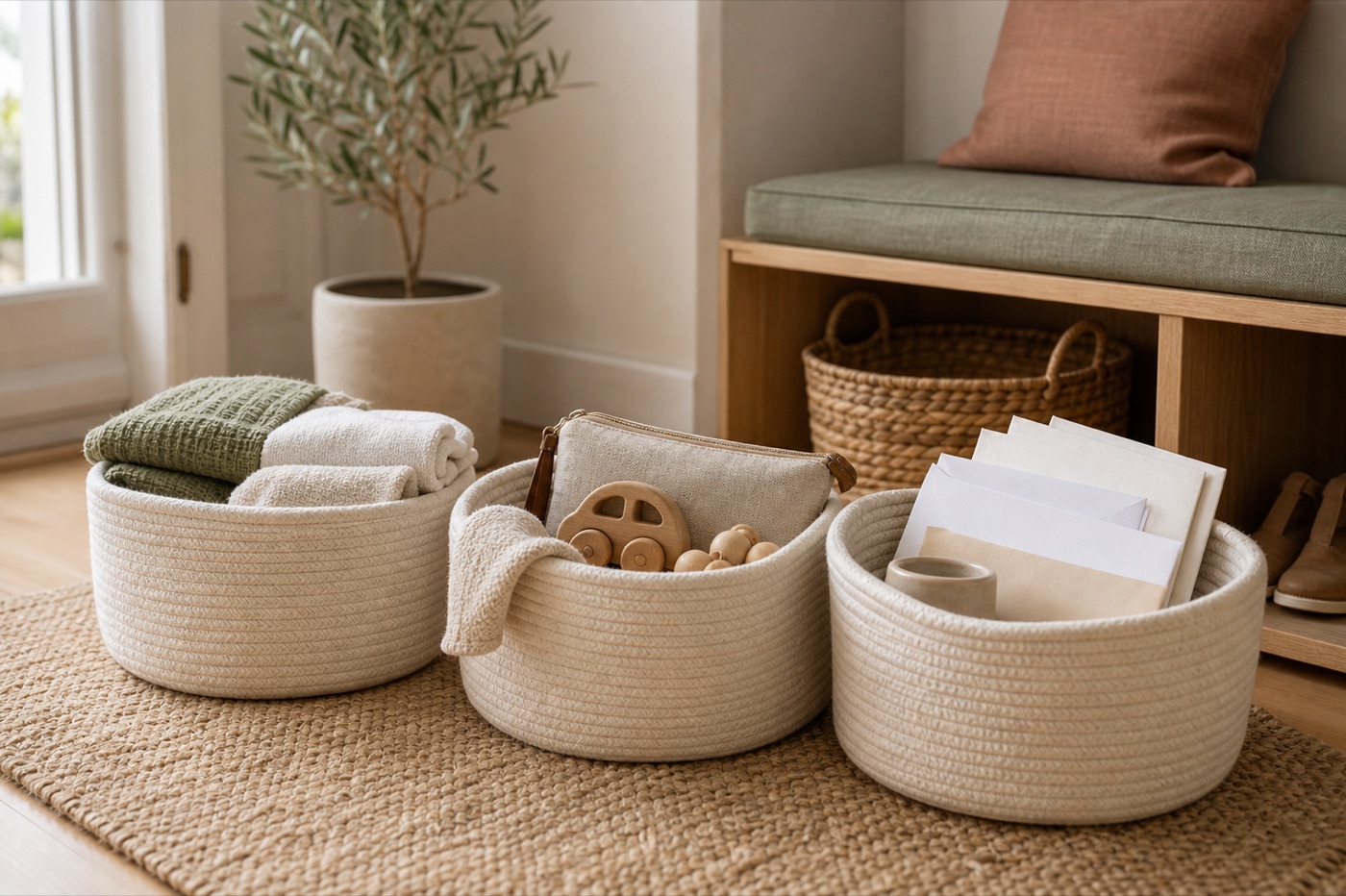 Three natural baskets used for a Simple Home Rhythm declutter reset before organizing
