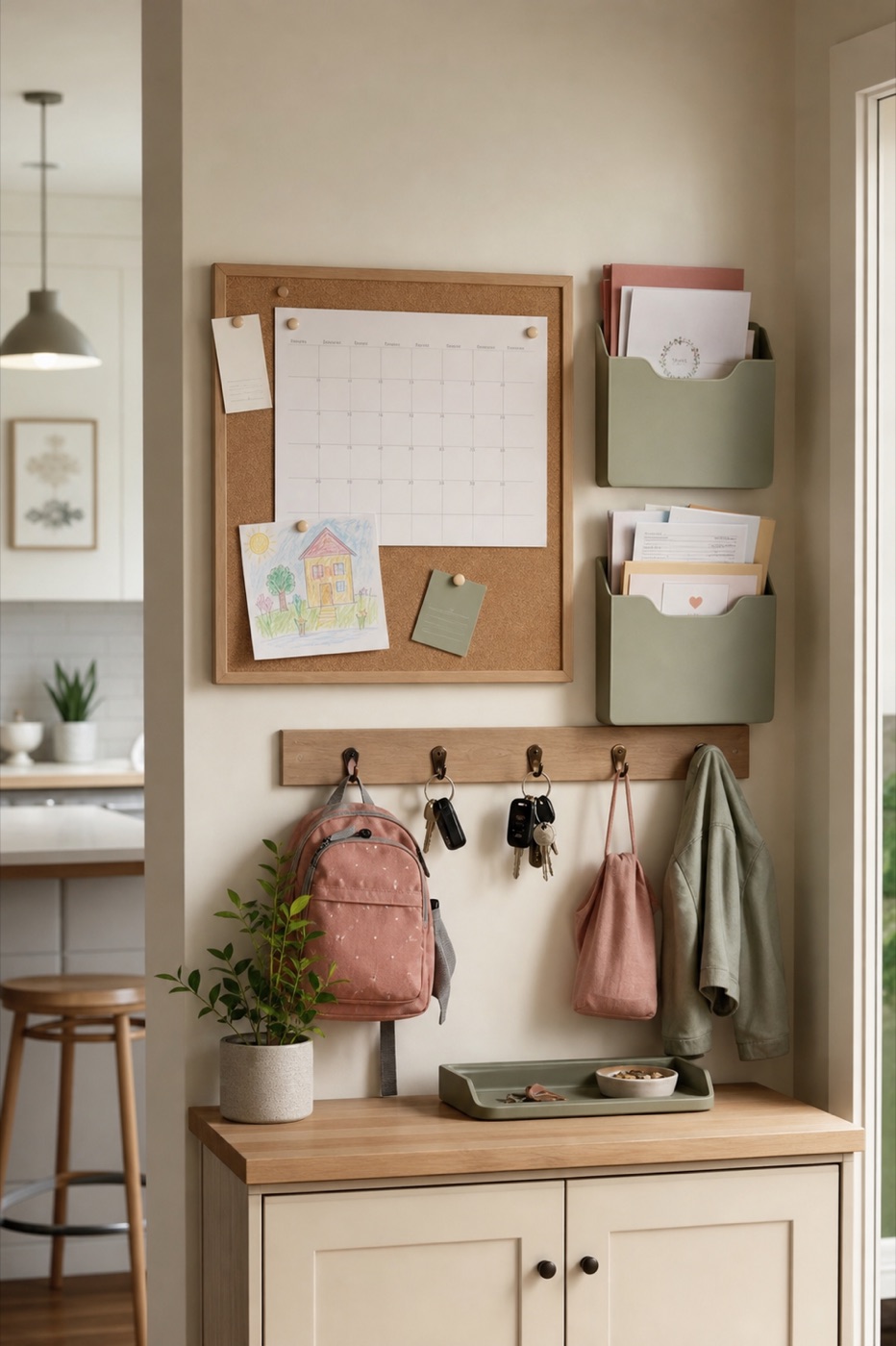 Warm family command center with calendar, paper pockets, hooks, and kids drawing