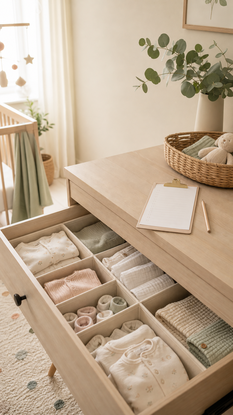 Soft nursery drawer organization with calm baby essentials