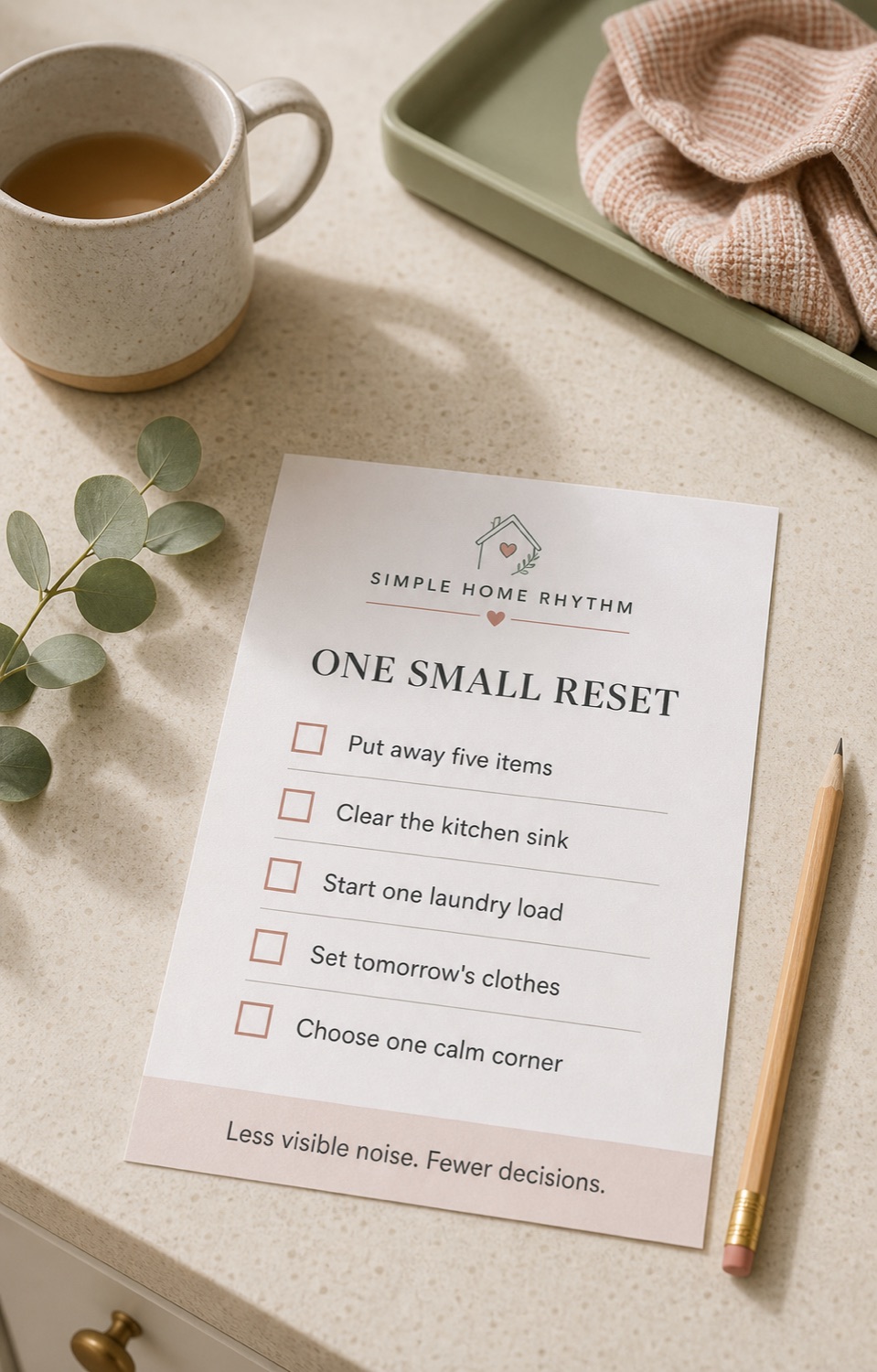 Simple Home Rhythm One Small Reset printable checklist on a warm kitchen counter with mug, tray, eucalyptus, and pencil
