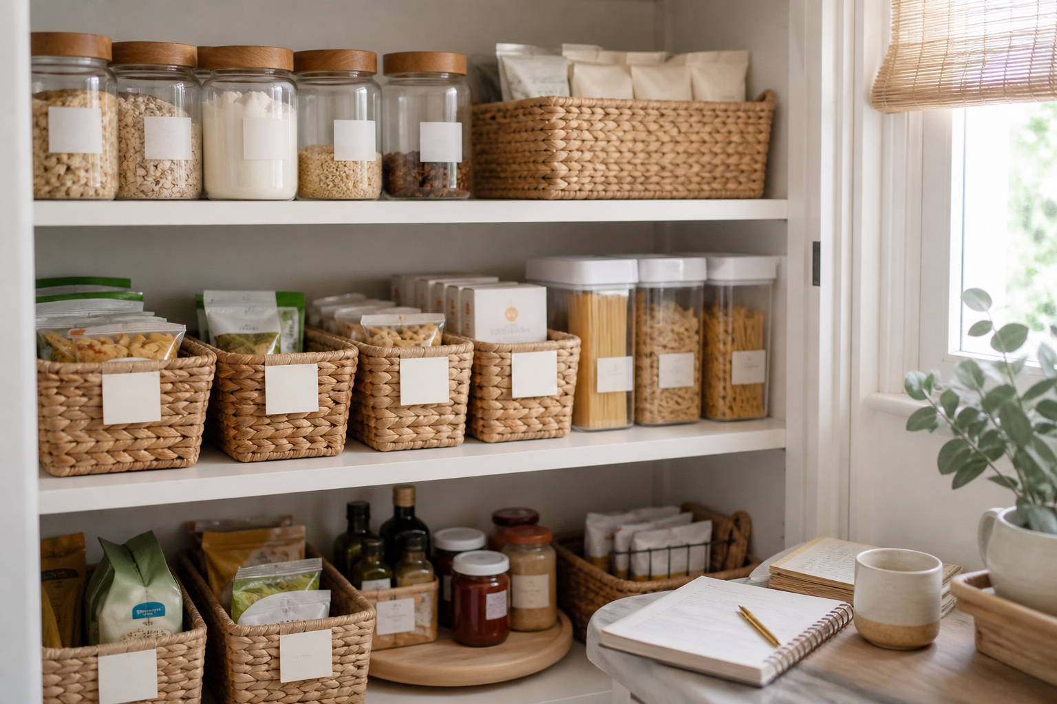 Warm pantry snack zone with natural baskets and clear home organization categories