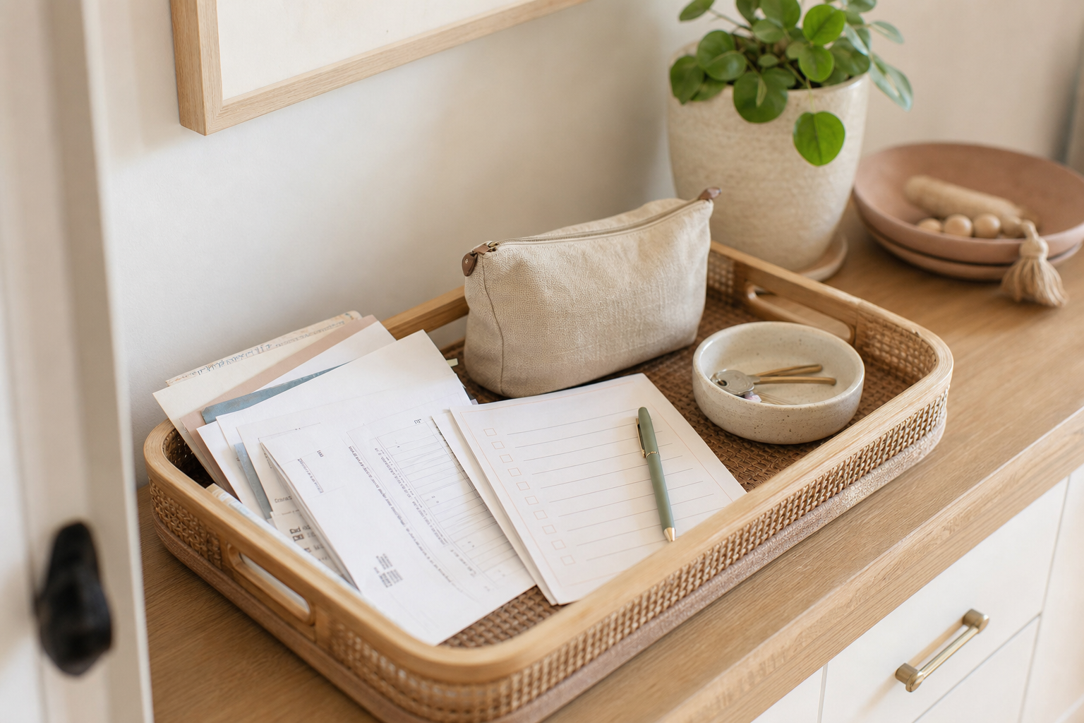 Warm paper clutter landing tray for a calm family command center