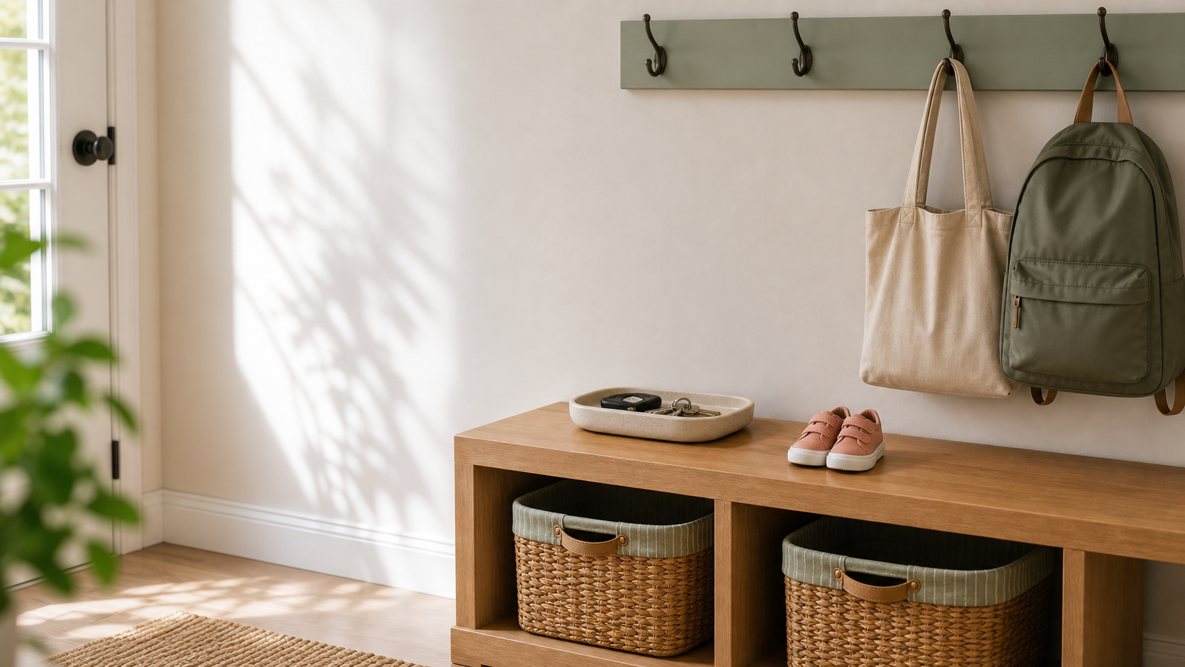Organized family entryway reset system with baskets, hooks, backpack, and a clear landing zone