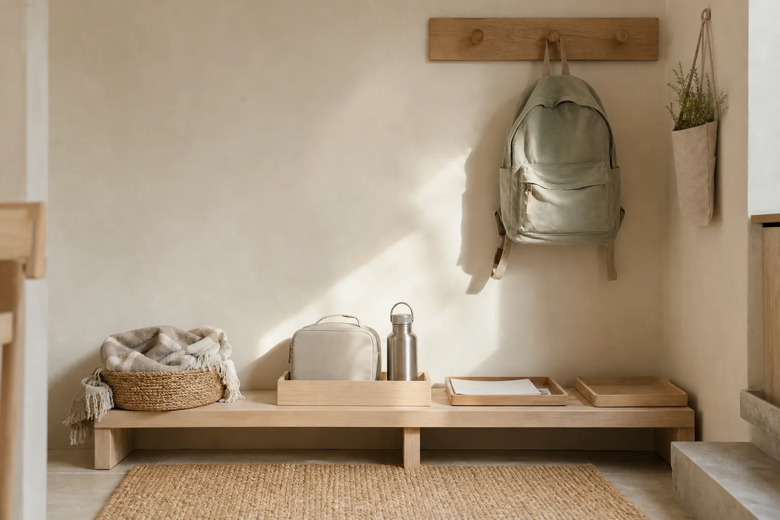 Calm family entryway with oak hooks, a backpack, lunch bag, paper tray, water bottle, and tomorrow basket