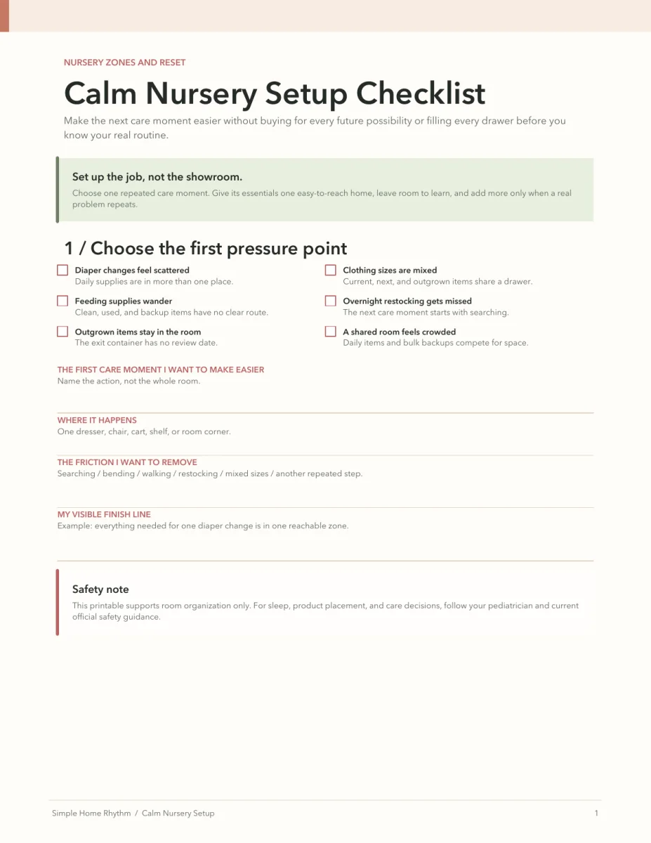 First page of the Calm Nursery Setup Checklist with pressure-point checkboxes and room-planning fields