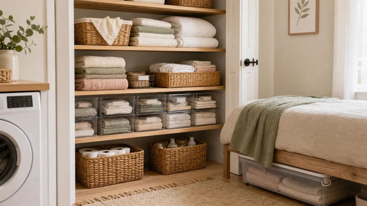 Simple Home Rhythm laundry and storage reset with folded linens, clear drawers, and calm hidden storage