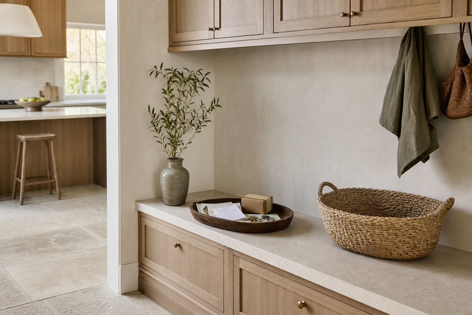 Elegant family mudroom with a walnut decision tray, papers, keys, parcel, and an empty woven basket