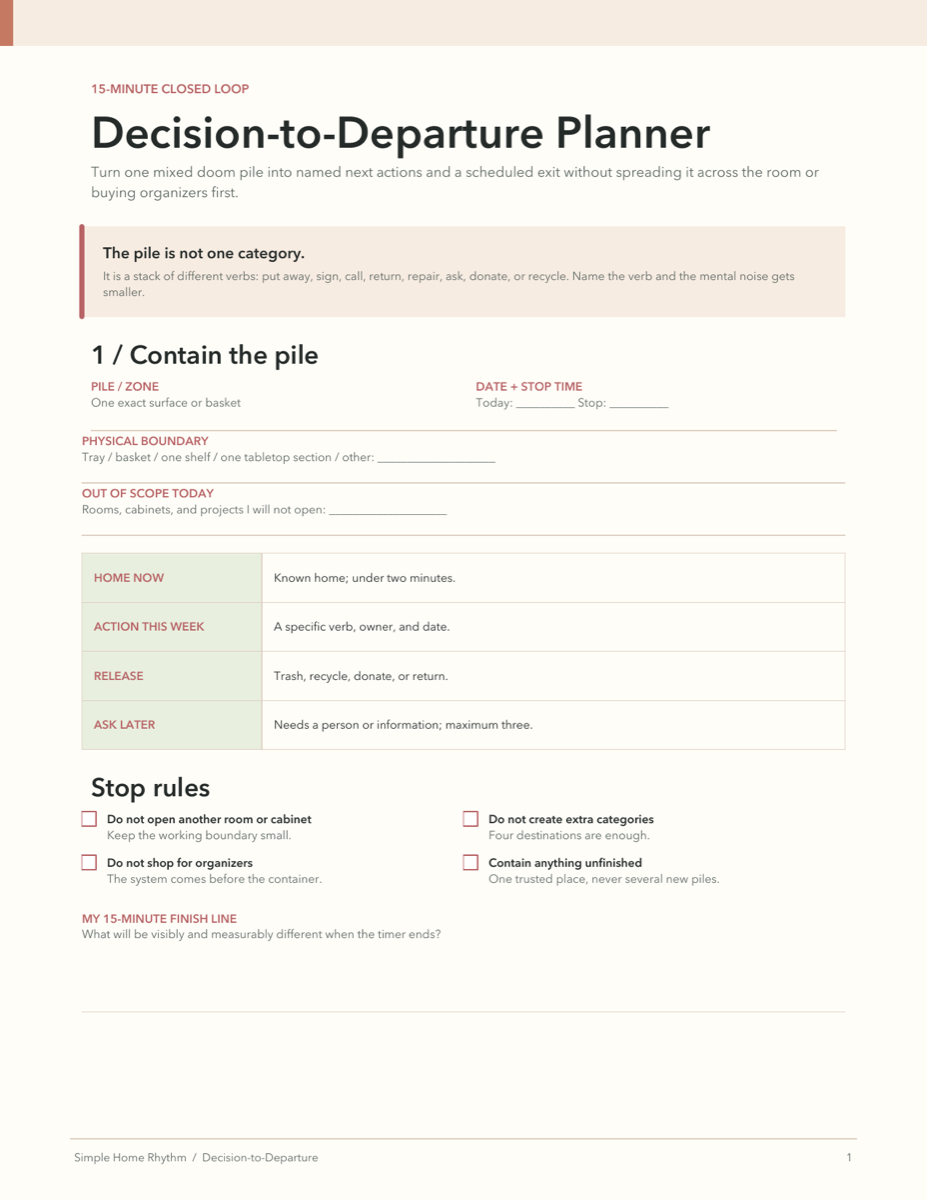 First page of the Decision-to-Departure Planner for moving decided items out of the house