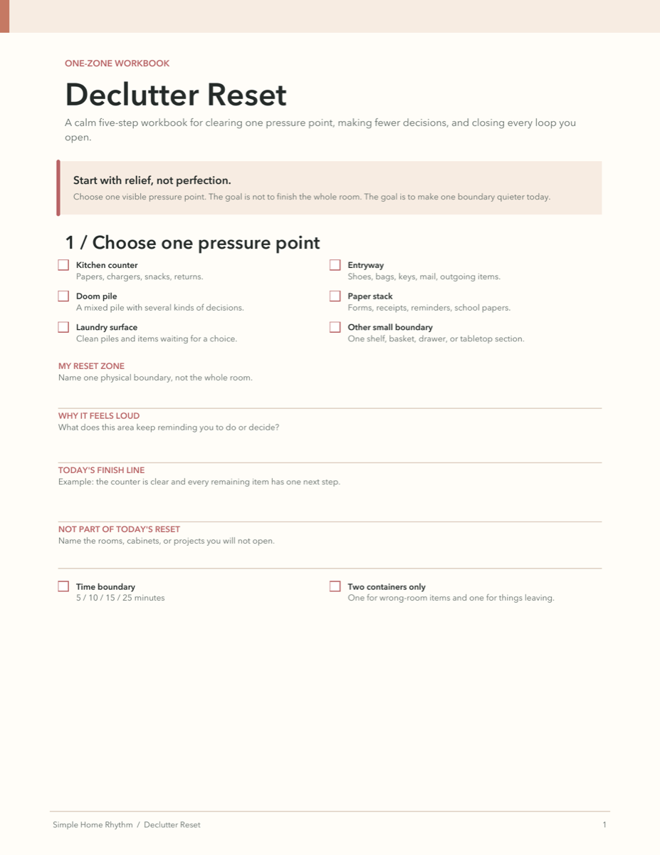 First page of the Declutter Reset Workbook with a 5-4-3-2-1 home reset plan