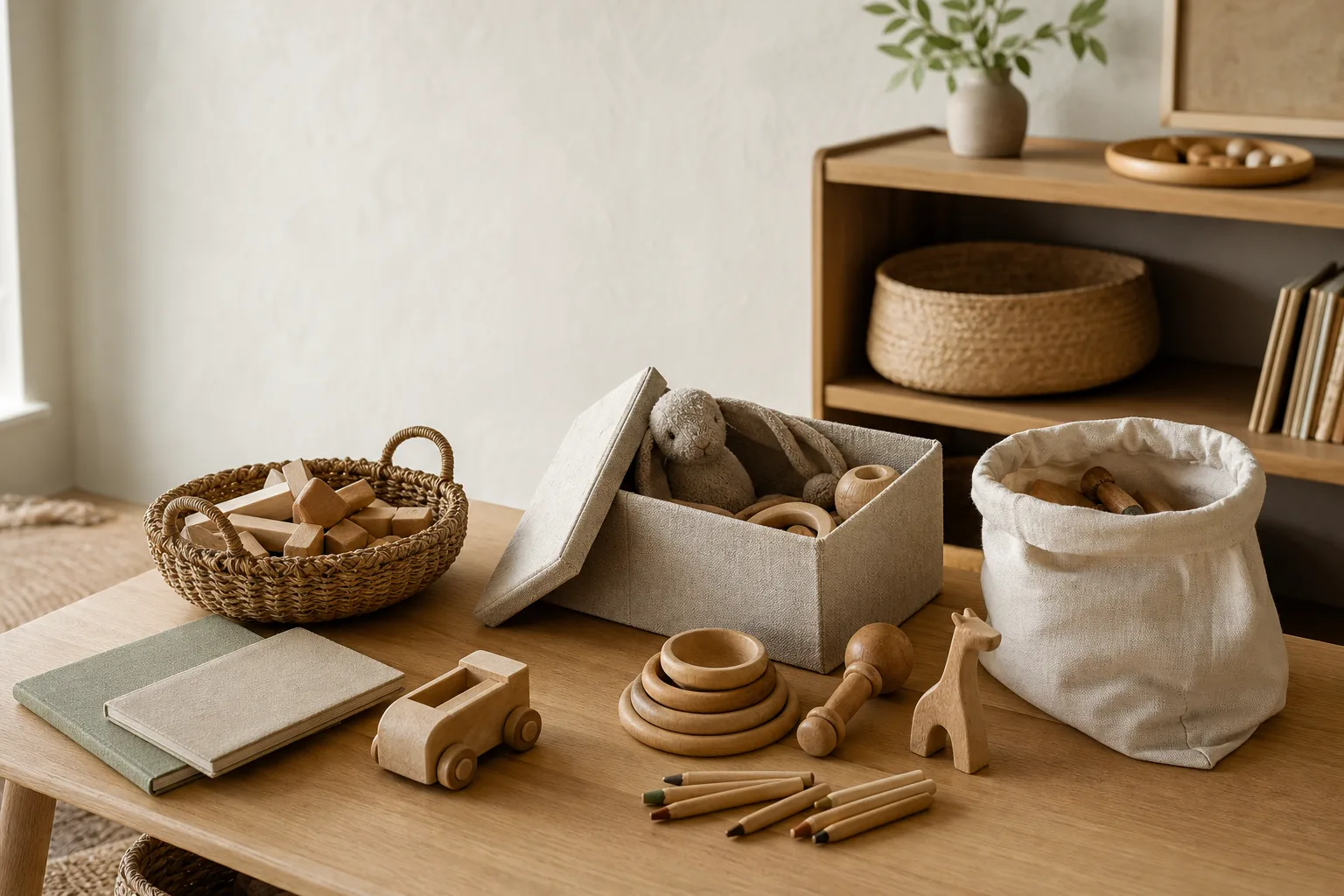 Low oak shelves with twelve toys arranged beside three open natural-material sorting baskets in a calm family room