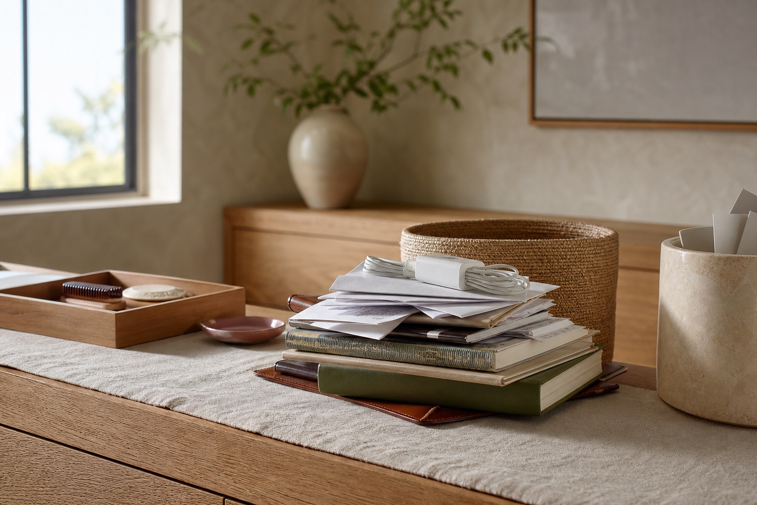 Editorial home console with one contained stack of papers, books, charger, wood tray, and woven sorting basket