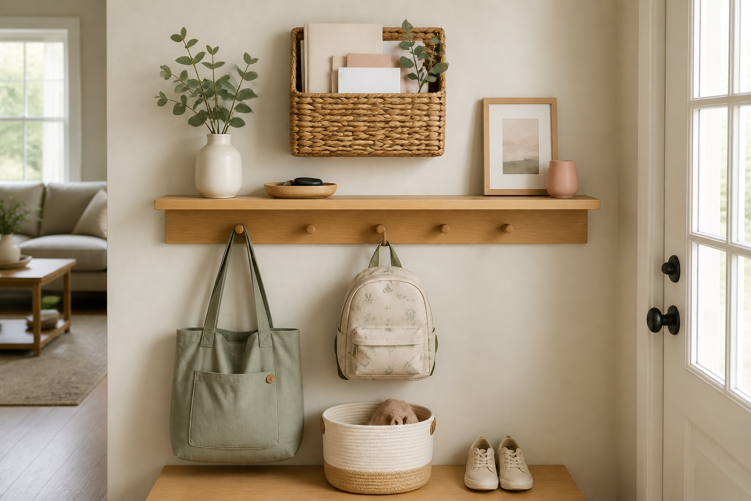 One small family entryway zone organized for keys, bags, shoes, and outgoing items