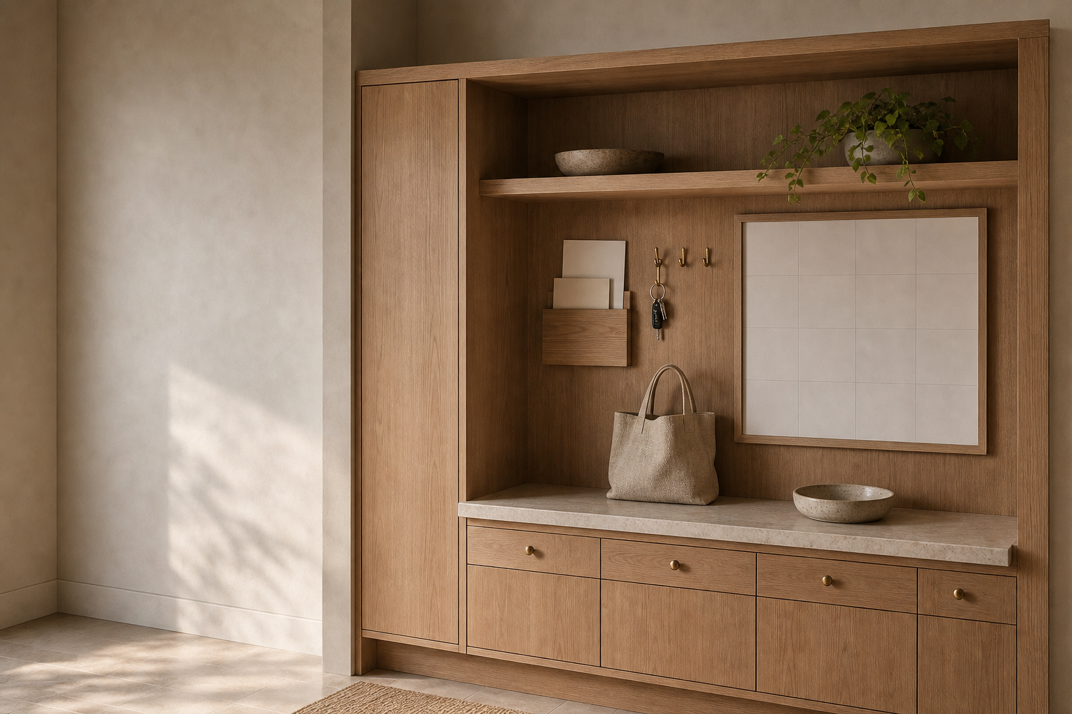 Built-in oak family command center with a paper pocket, key hooks, weekly planning grid and linen return bag.