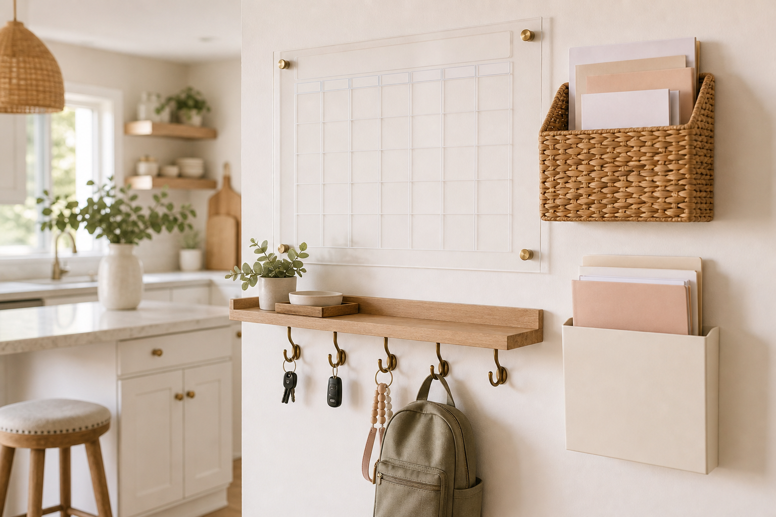 Warm family command center with acrylic calendar, wall mail basket, hooks, keys, school papers, and light wood shelf