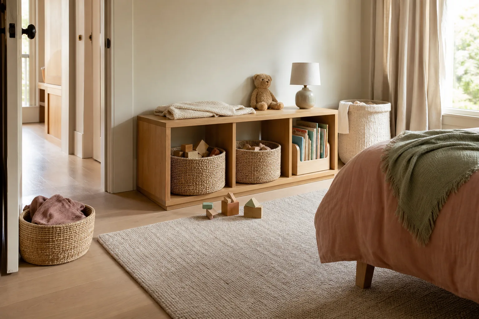 Calm child’s bedroom with low oak shelves, woven toy baskets, a book bin, a hamper, and a clear walking path