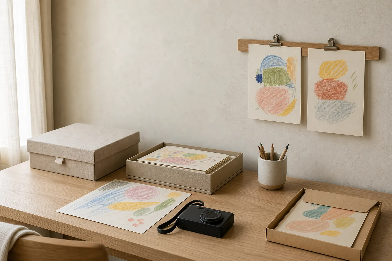 Child’s artwork arranged in a calm paper sorting system with one display rail, acid-free folder, camera, and recycling tray