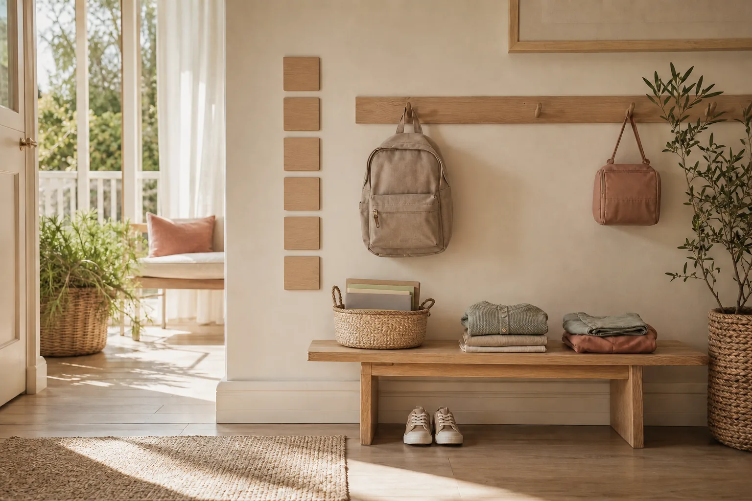 Warm family entryway with a child-height oak hook rail, one backpack, a lunch bag, shoes, a basket for papers, and six blank routine tiles