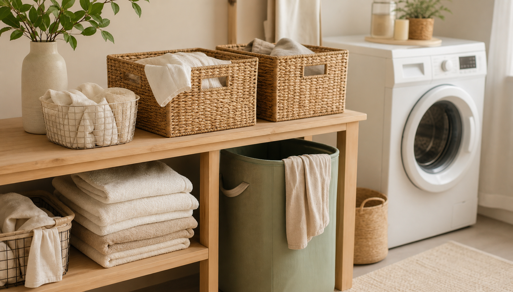 A calm laundry category reset with folded linens, woven baskets, and one clear landing zone