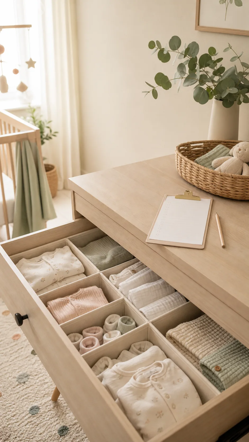 Simple Home Rhythm nursery drawer reset with soft dividers, folded baby clothes, burp cloths, and calm natural light