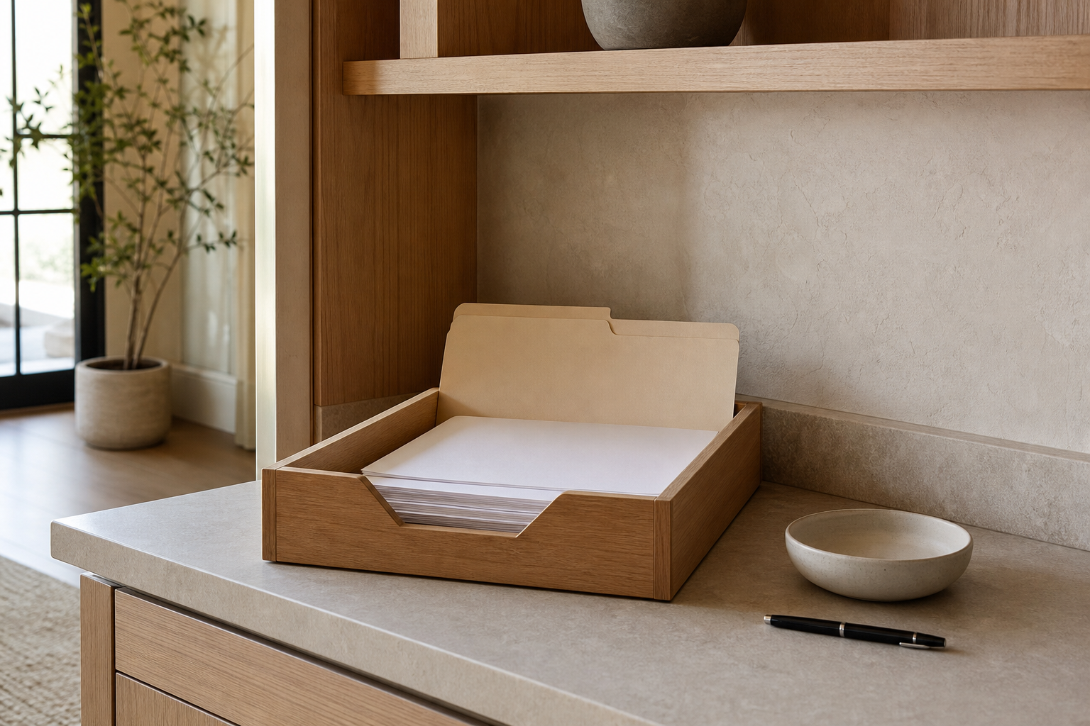 Luxury editorial paper landing station with a white oak inbox tray, blank papers, honed stone and ceramic in warm natural light.