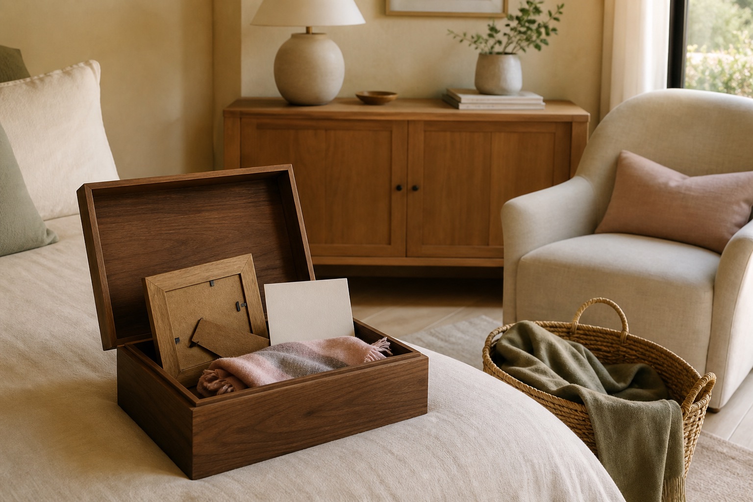 Refined bedroom sitting area with an open walnut keepsake box, folded scarf, photo frame back, and donation basket