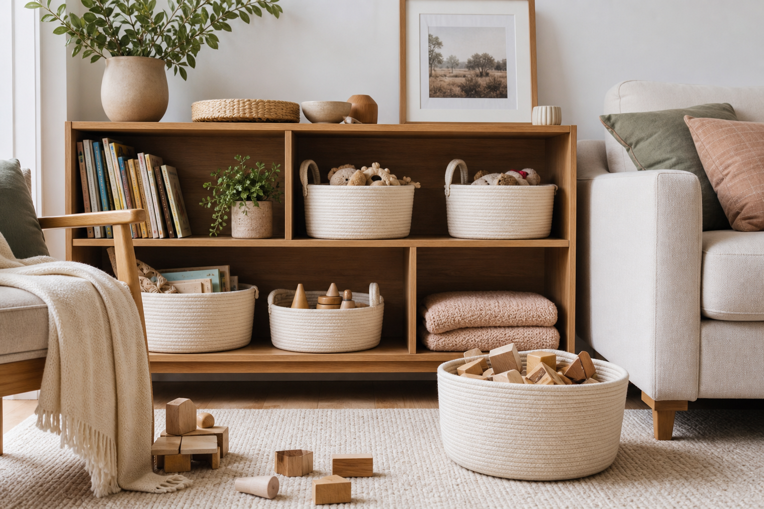 Neutral toy storage baskets in a warm family home