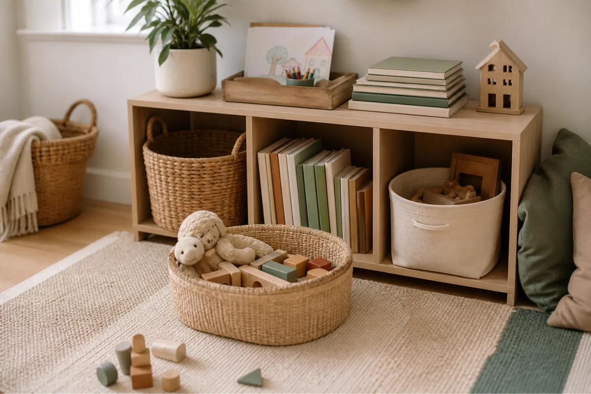 Simple Home Rhythm toy storage reset with natural baskets, books, and calm family-home colors