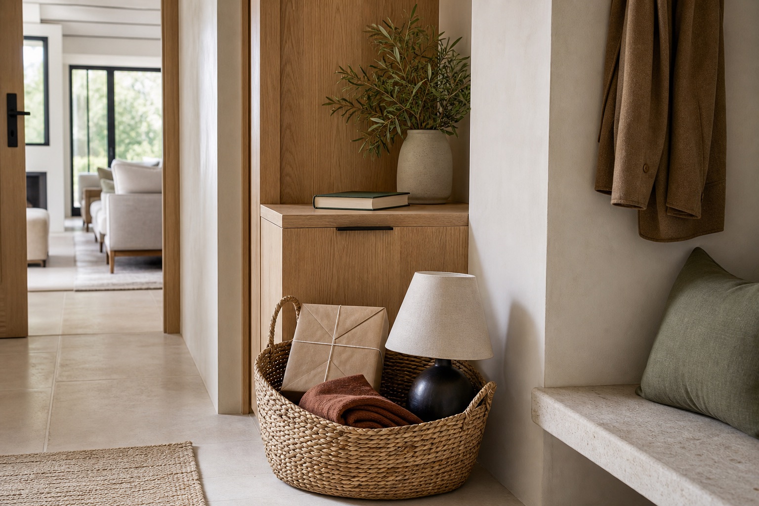 Luxury natural-material entry passage with a woven finish-line basket holding a parcel, folded donation, lamp, and library book