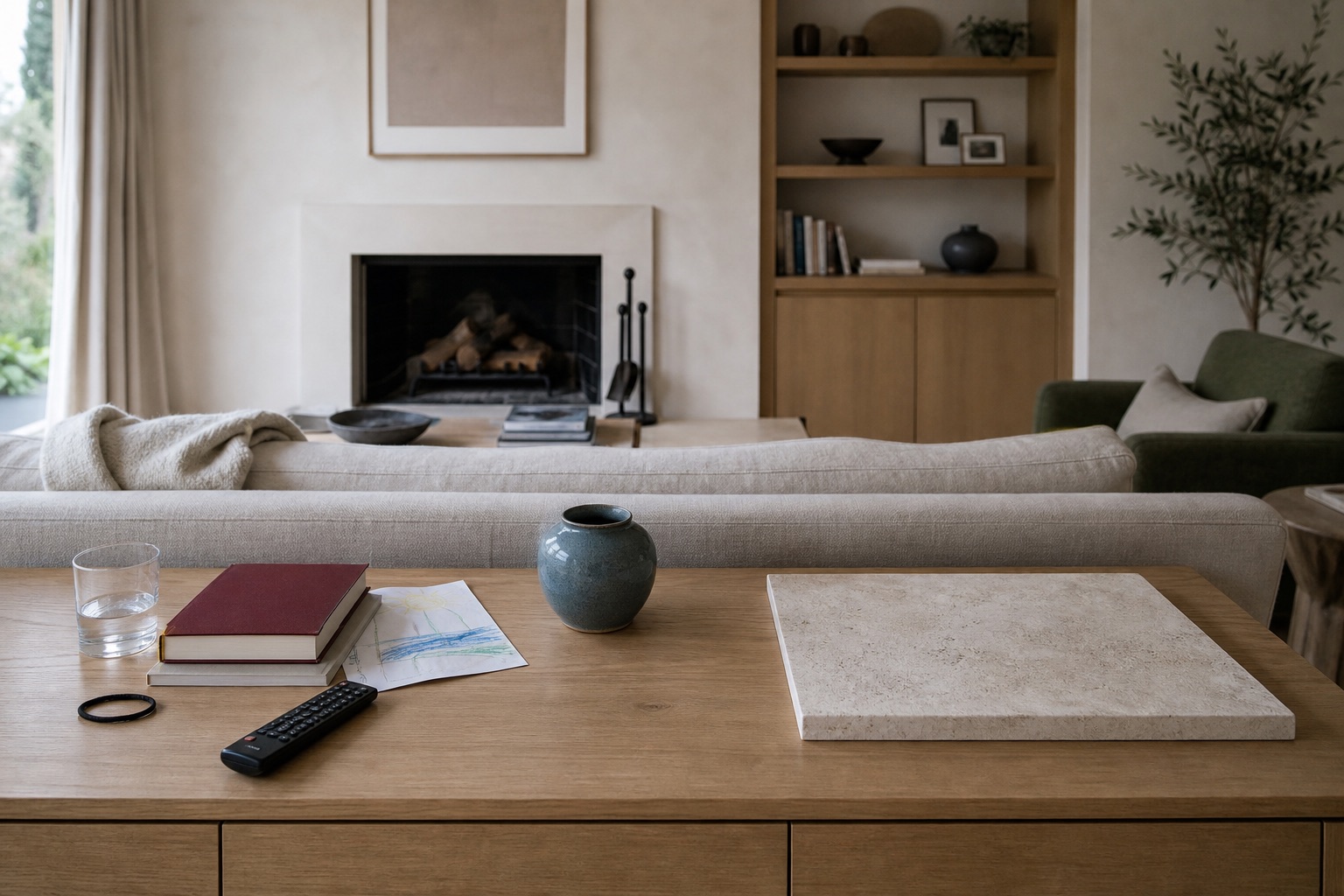 Elegant living room console with books, child drawing, remote, water glass, and one intentionally empty stone zone